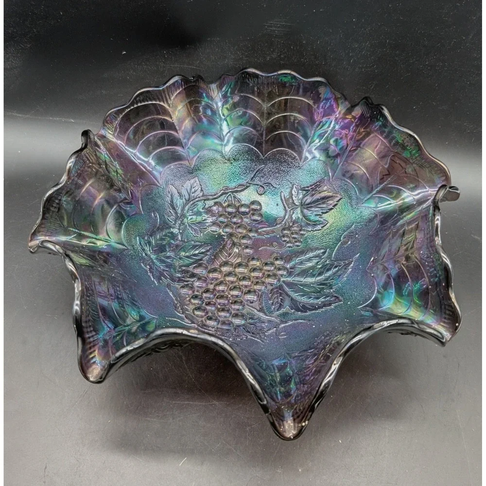 Imperial Amethyst Carnival Glass Grape and Cable Ruffled Bowl Iridescent Purple